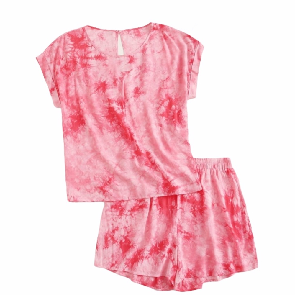 SHEIN Tie Dye Keyhole Back Tee Pink Shorts Set